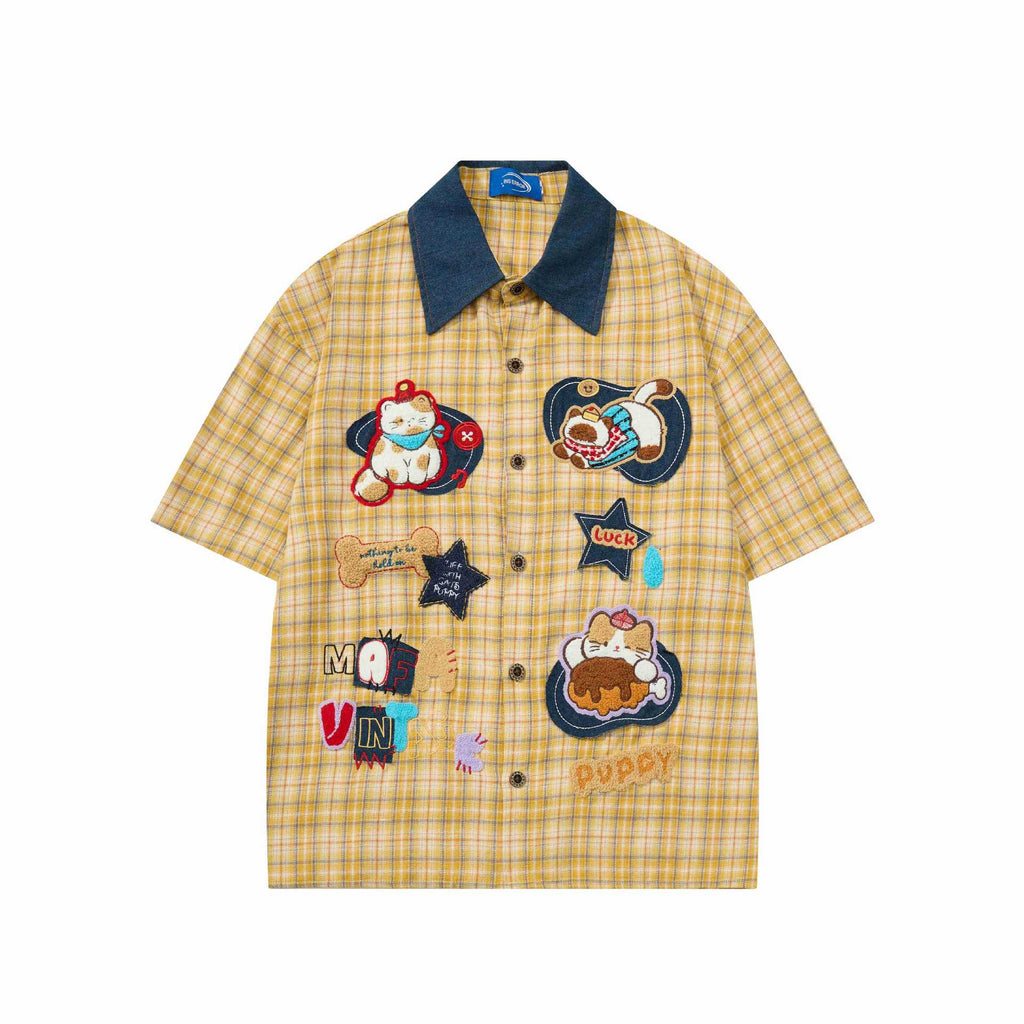 Cat Embroidered Yellow Grid Short Sleeve