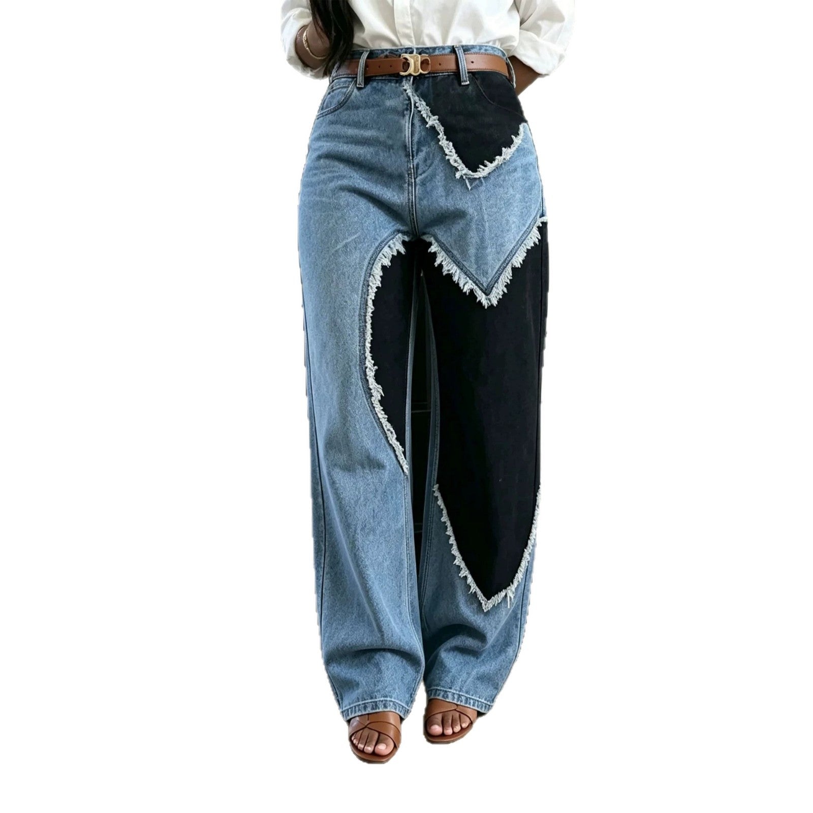 Unique Color Block Patchwork Heart Raw Hem Jeans