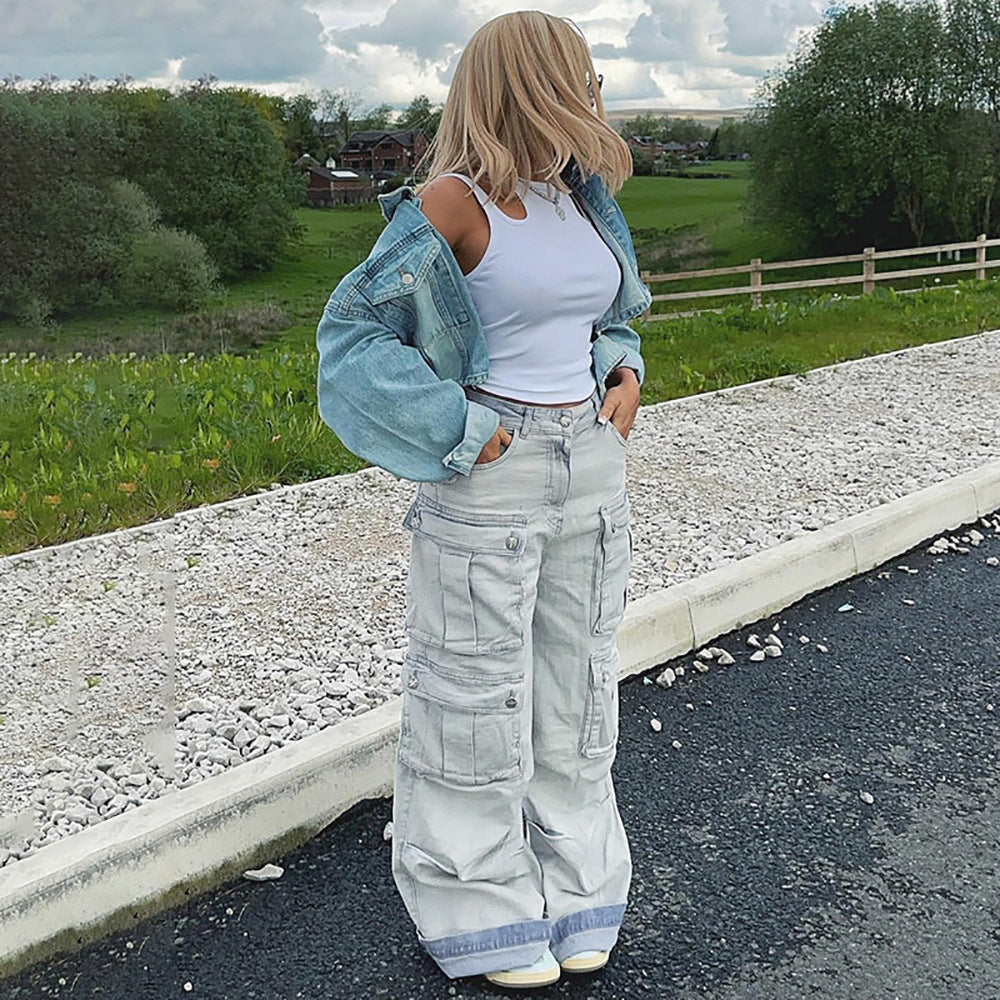 Straight-leg  women's jeans, vintage fashion multi-pocket floor-length cargo denim pants