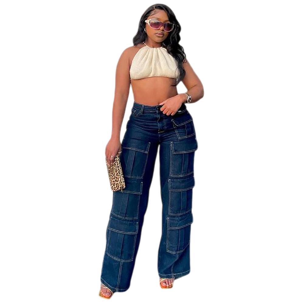 Women's Straight Leg Jeans High-Waisted Cargo Pants with Multiple Pockets and Topstitching Street Fashion Style