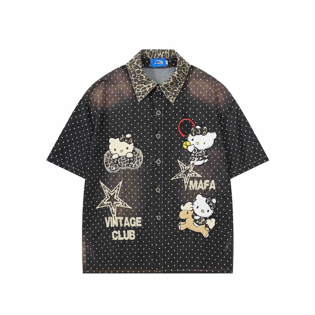 Leopard print Kitty embroidered short sleeved shirt