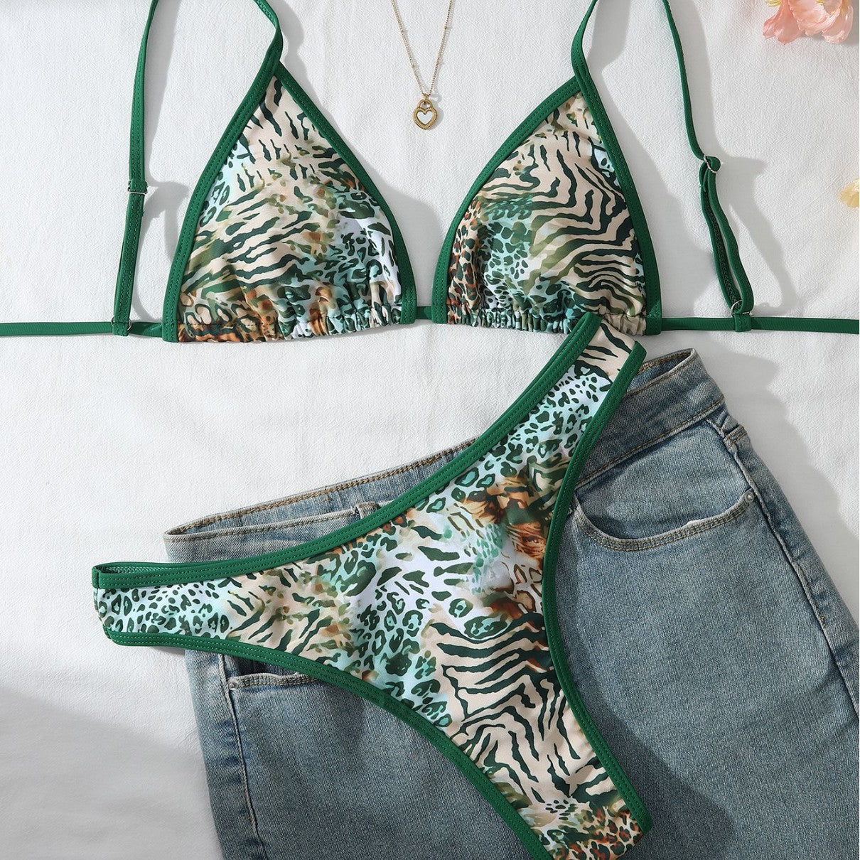 Green leopard print sexy bikini slimming two-piece swimsuit set