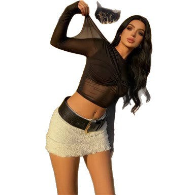 Round neck knot mesh splicing long sleeved top