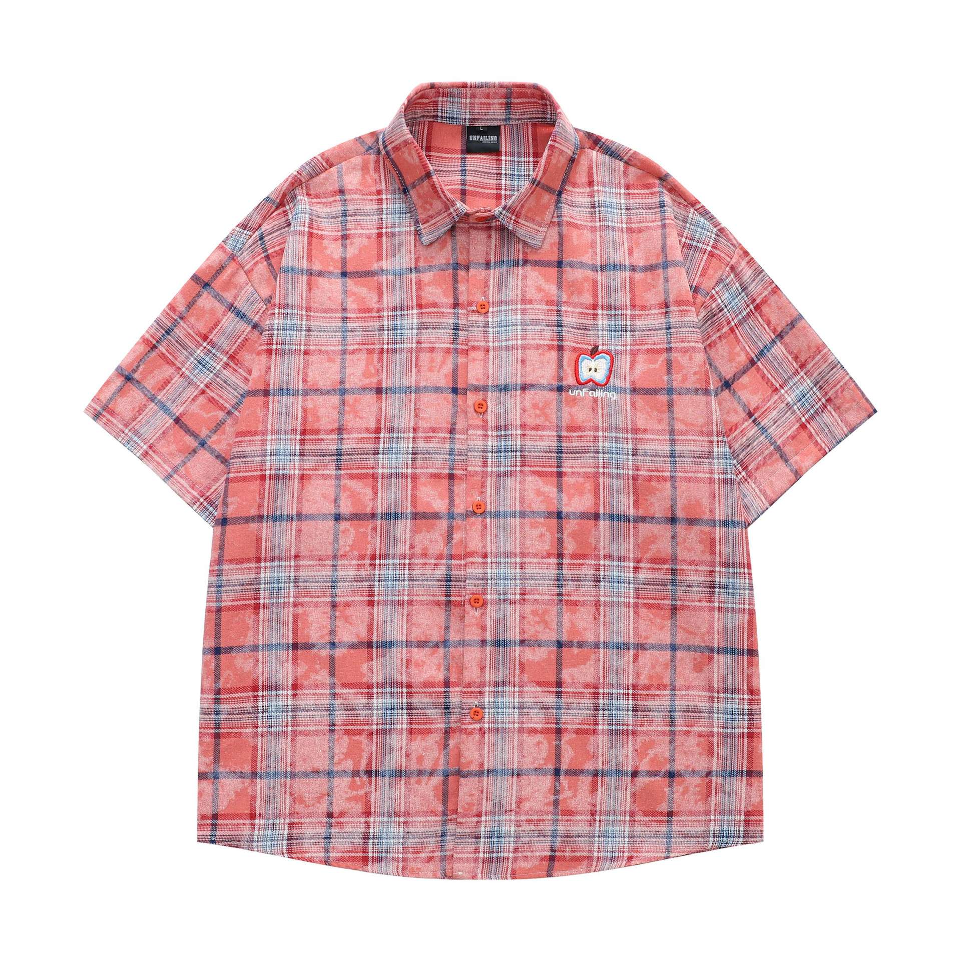 Red checkered apple embroidery short sleeved shirt