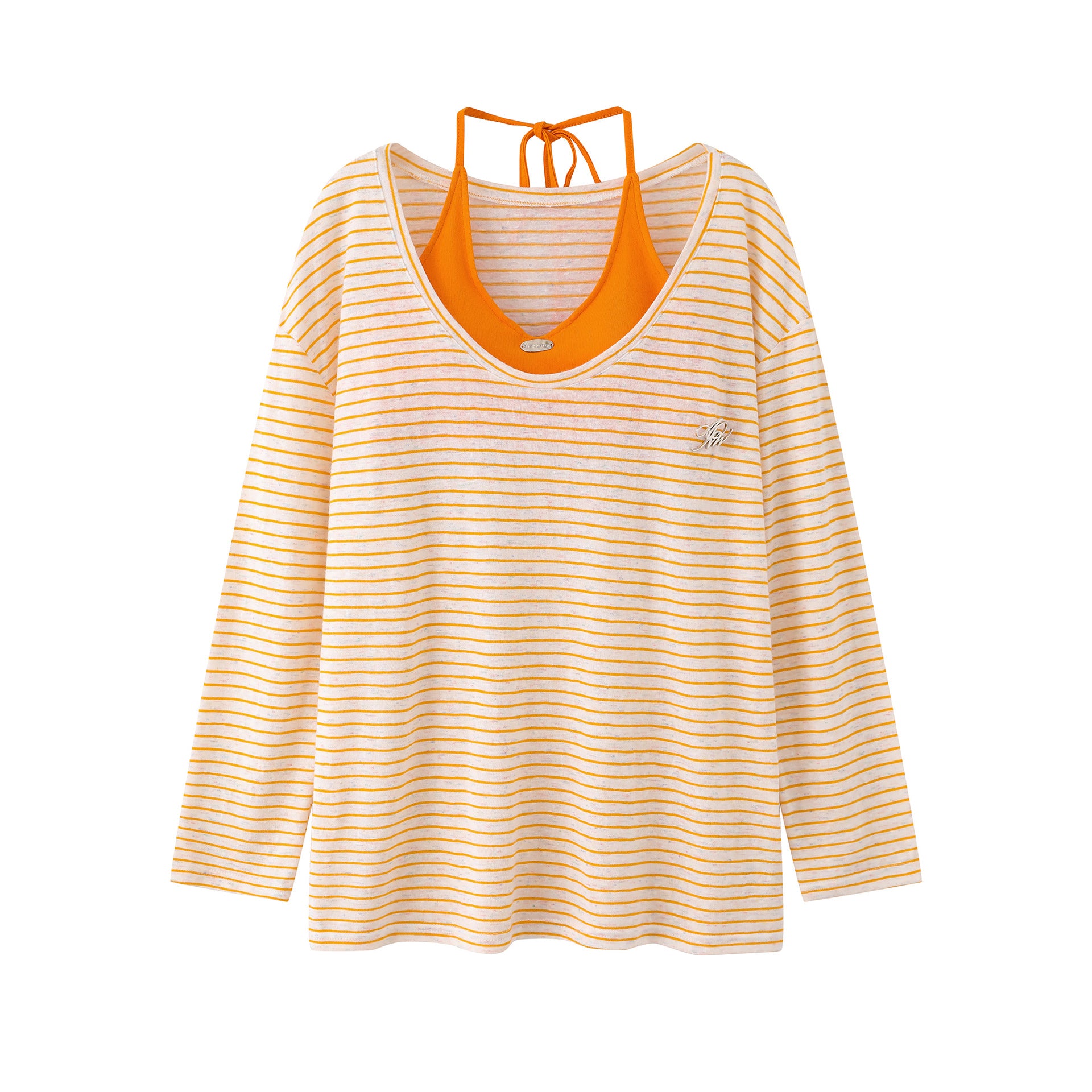Starfish Print Two-Piece Strap Long Sleeve T-Shirt for Women, Color-Blocking Tie-Waist Slim Fit Cropped Top
