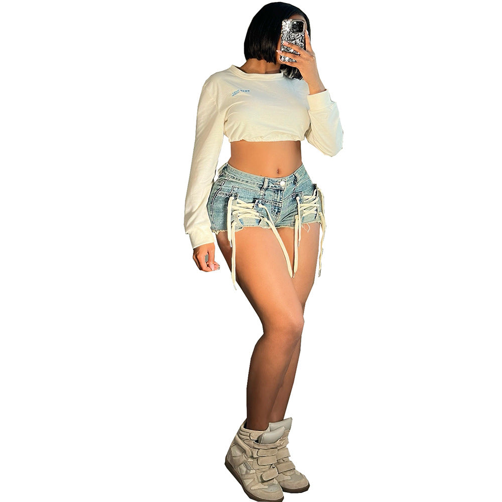 High Waist Denim Shorts for Women, Street Style Fashion, Casual Drawstring Shorts