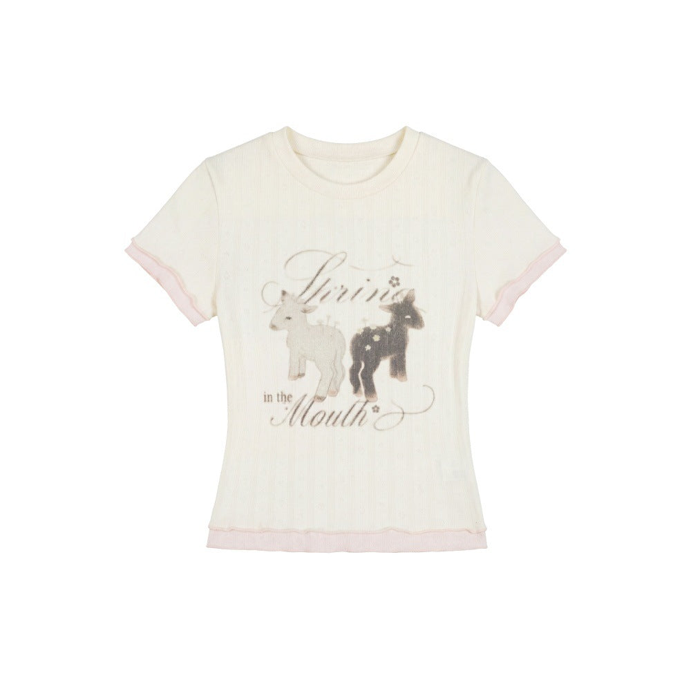 Regular Shoulder Short Sleeve T-Shirt for Women, Two-Piece Look, Fitted Crop Top