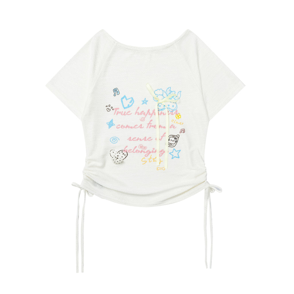 Print Drawstring Short Sleeve T-Shirt for Women, Heart Pin Sweet Style Cropped Top