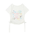 Print Drawstring Short Sleeve T-Shirt for Women, Heart Pin Sweet Style Cropped Top