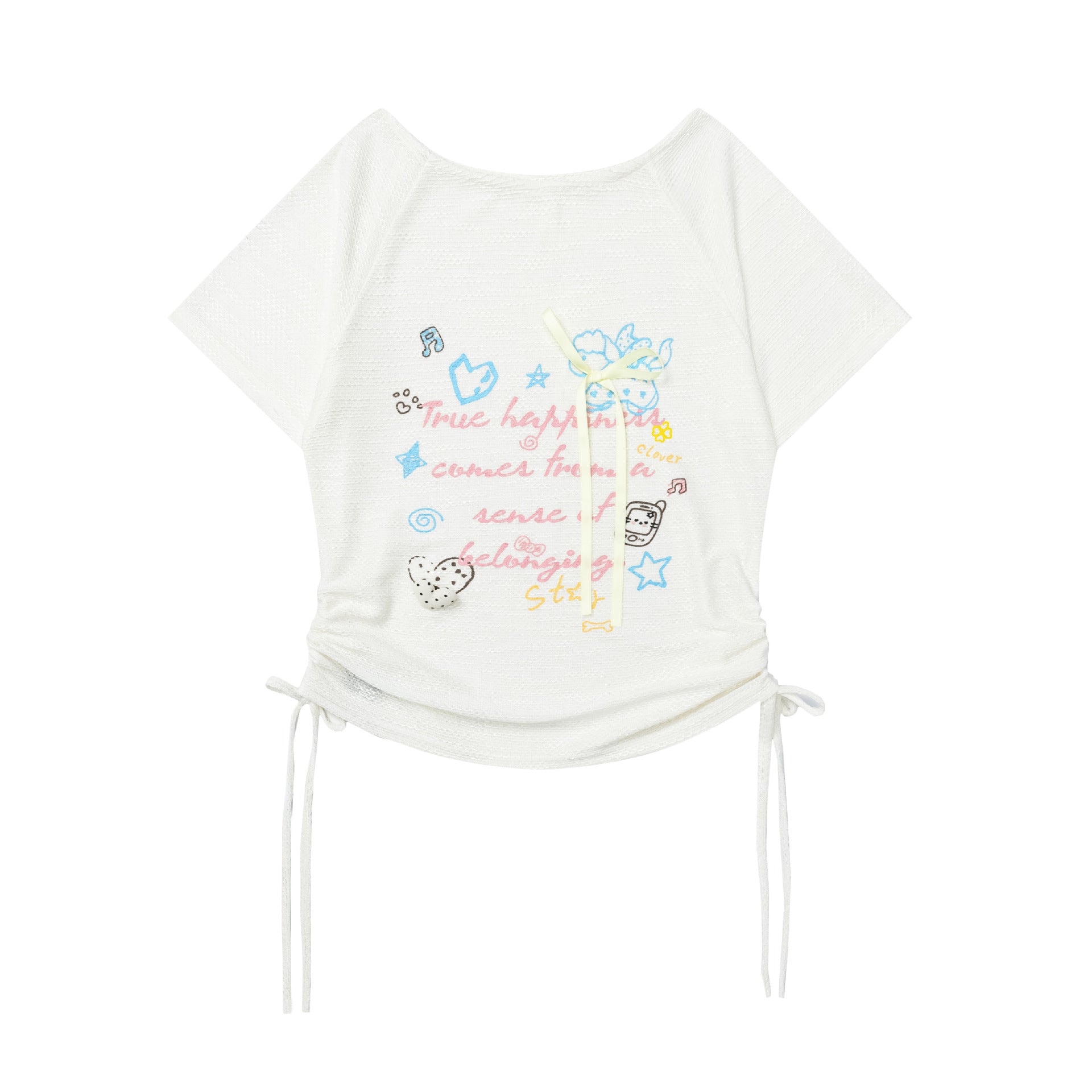 Print Drawstring Short Sleeve T-Shirt for Women, Heart Pin Sweet Style Cropped Top