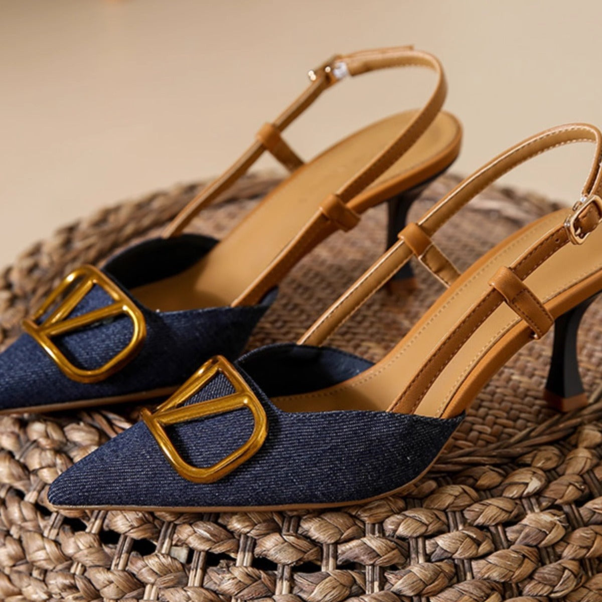French Shallow Mouth Pointed Toe Stiletto Women's Denim High Heel Sandals Summer Breathable and Leg-lengthening
