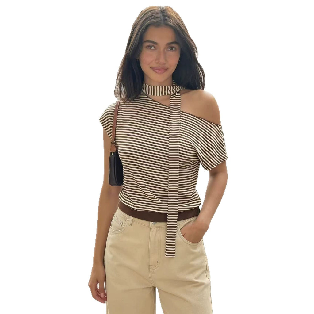 T-shirt rayé épaule diagonale manches courtes femme