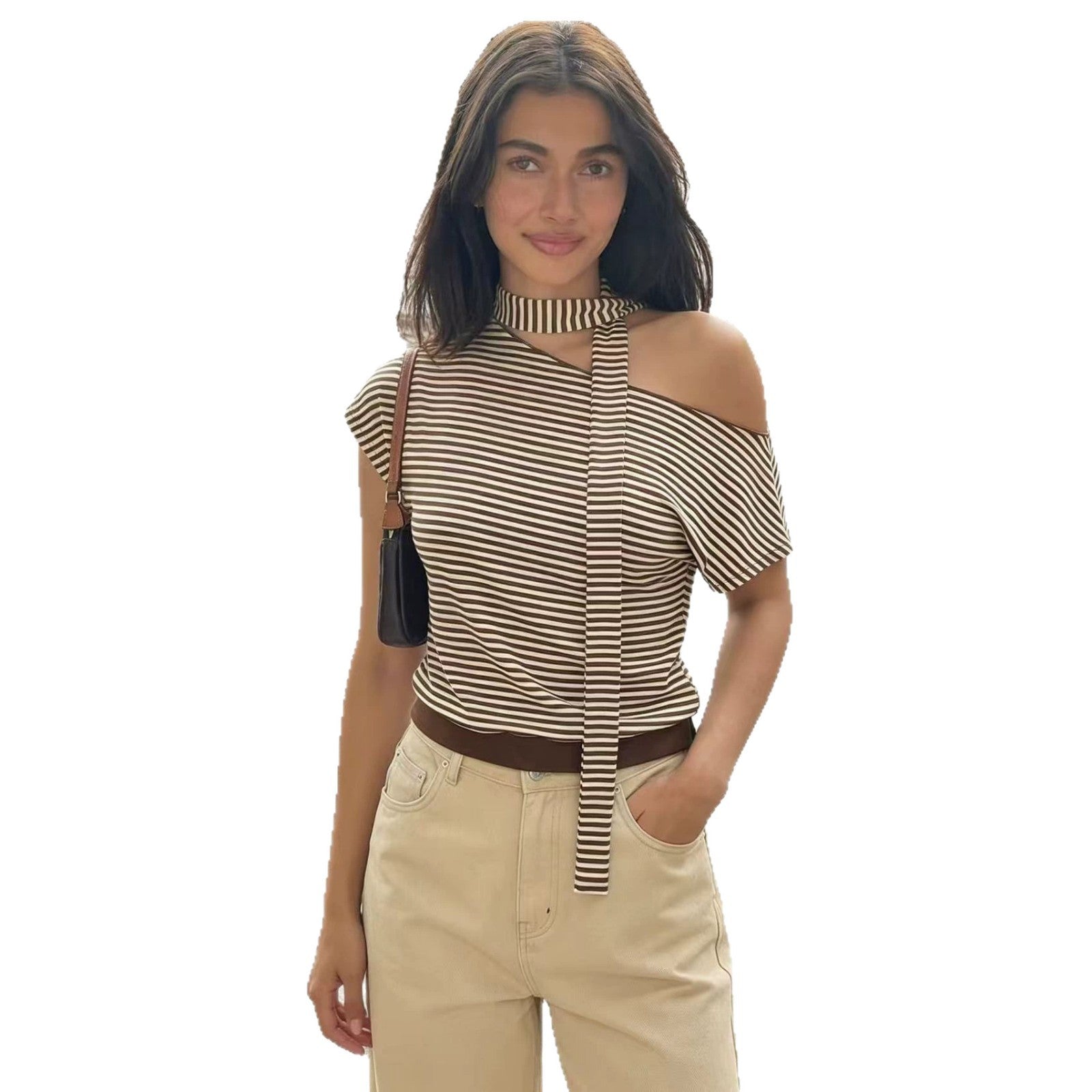 T-shirt rayé épaule diagonale manches courtes femme