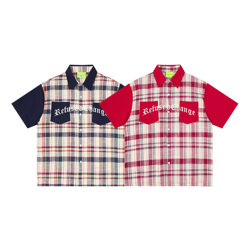 Alphabet Embroidered Checkered Splicing Short Sleeve