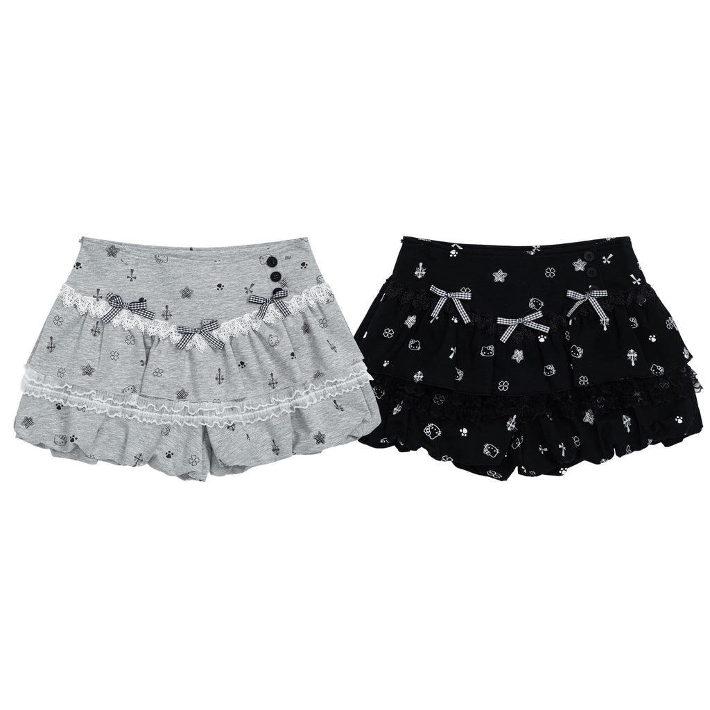 High Street Cartoon Print Lace Skirt Pants with Bow Decoration, Loose Slimming Sweet Girl Pants