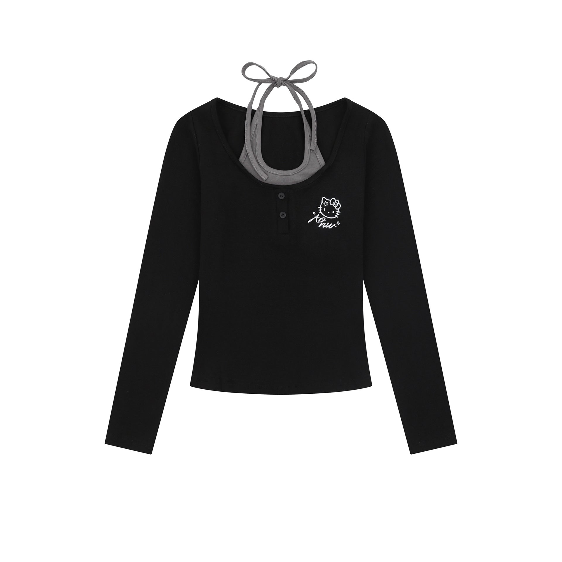 Top manches longues faux deux pièces nœud col femme