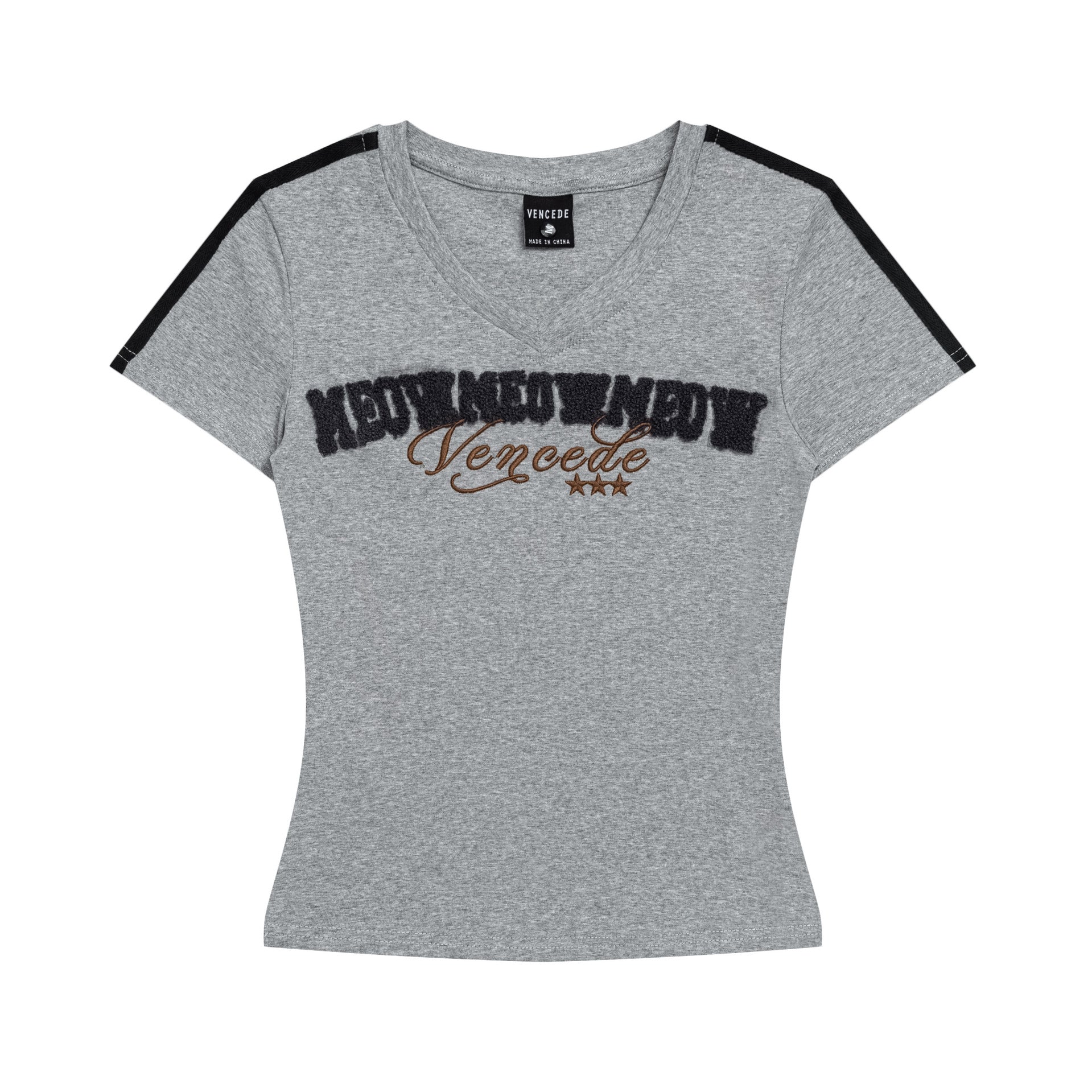 Towel Embroidery Letter V-Neck Short Sleeve T-Shirt for Women