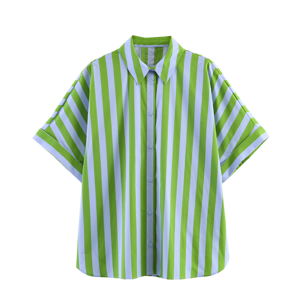 Striped women's casual top+shorts set