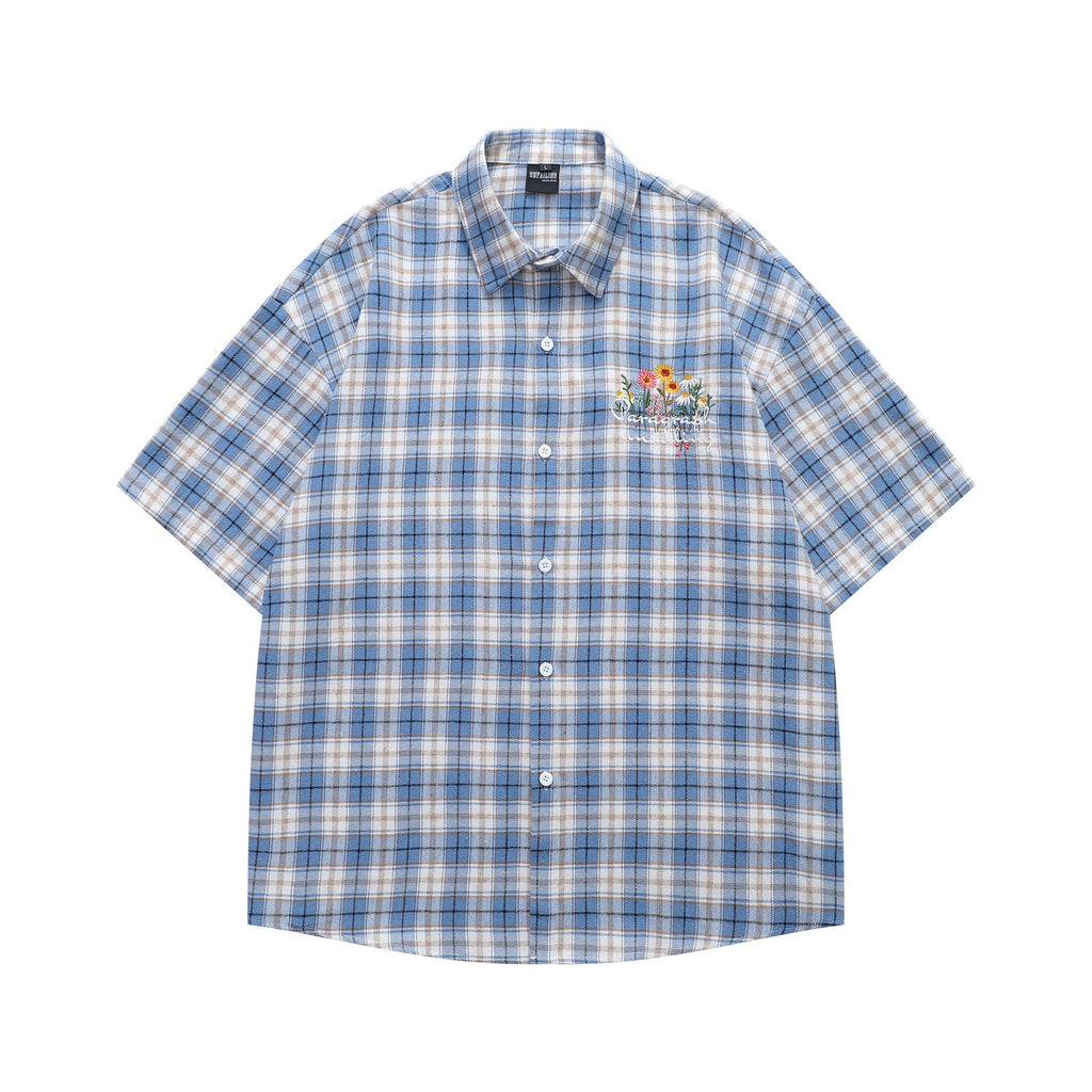 Plaid embroidered short sleeved shirt