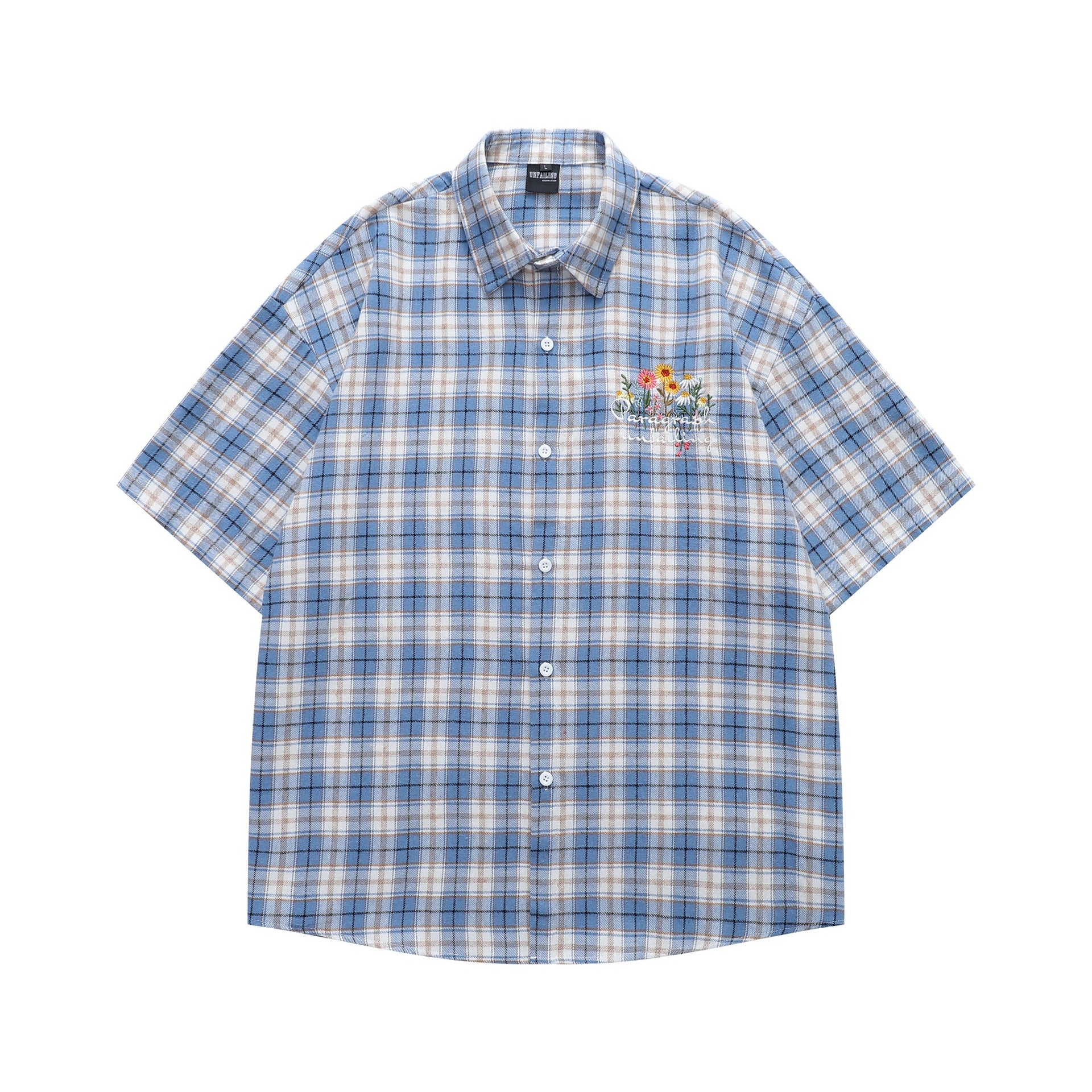 Plaid embroidered short sleeved shirt