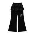 Sweet Girl Style Star Ruffle Flared Pants for Women, Music Note Embroidery Slim Fit Long Pants