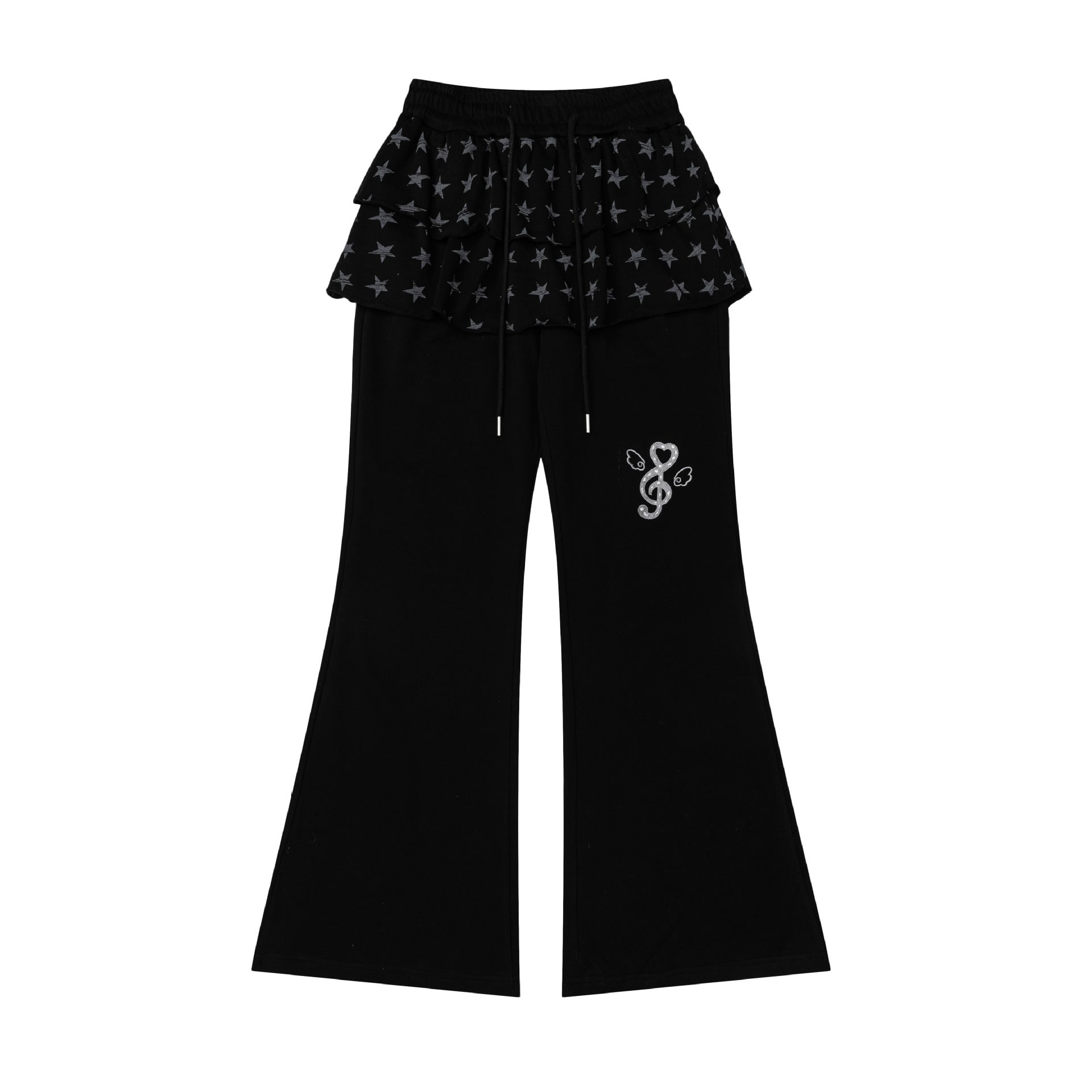 Sweet Girl Style Star Ruffle Flared Pants for Women, Music Note Embroidery Slim Fit Long Pants