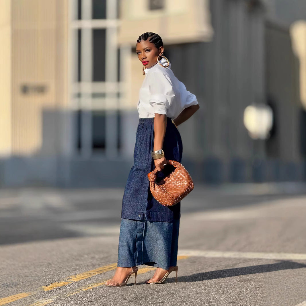 Street Style Patchwork Color-Blocking Wide-Leg Jeans