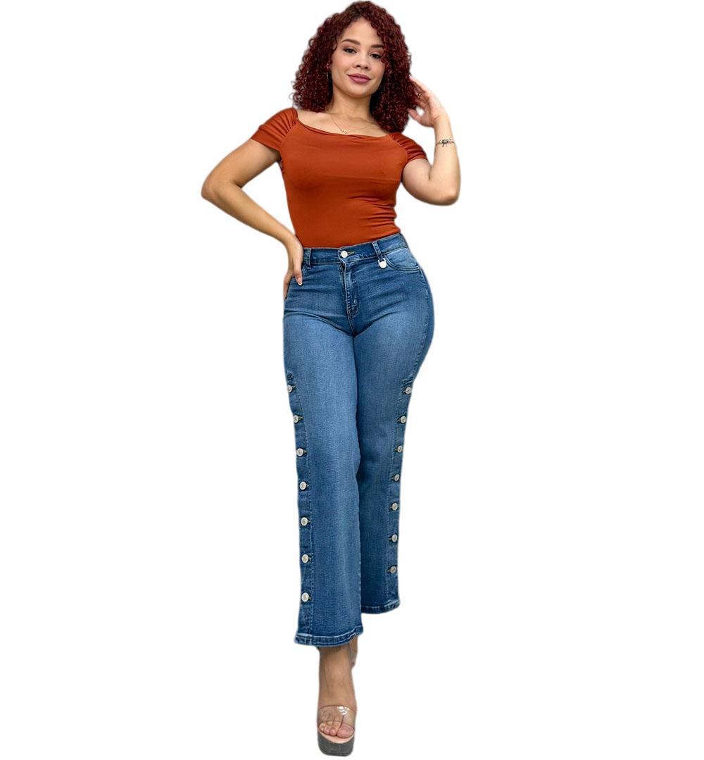 Women's Flared Jeans, Street Fashion Side Button Washed High Waist Casual Pants