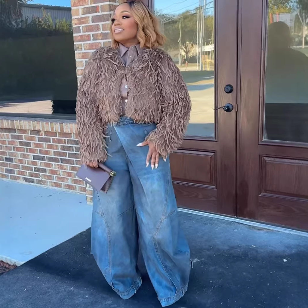 Women's Wide-Leg Denim Pants Fashion Vintage Distressed Washed Reversed Straight Leg Long Pants