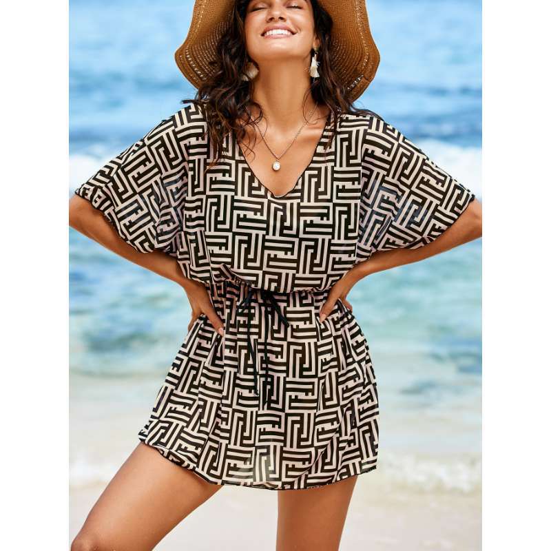 Geometric print V-neck waist cinching drawstring swimsuit
