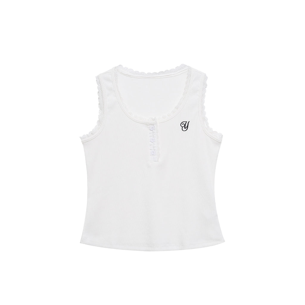 Lace Trim U-Neck Vest Slim Fit Versatile Henley Sleeveless Inner Top