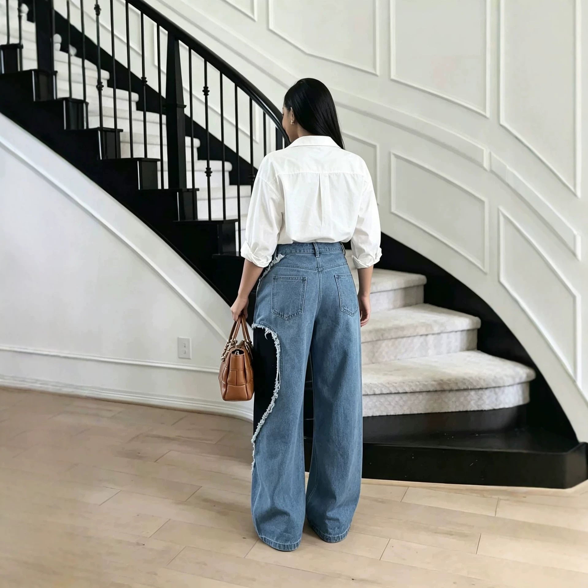 Unique Color Block Patchwork Heart Raw Hem Jeans
