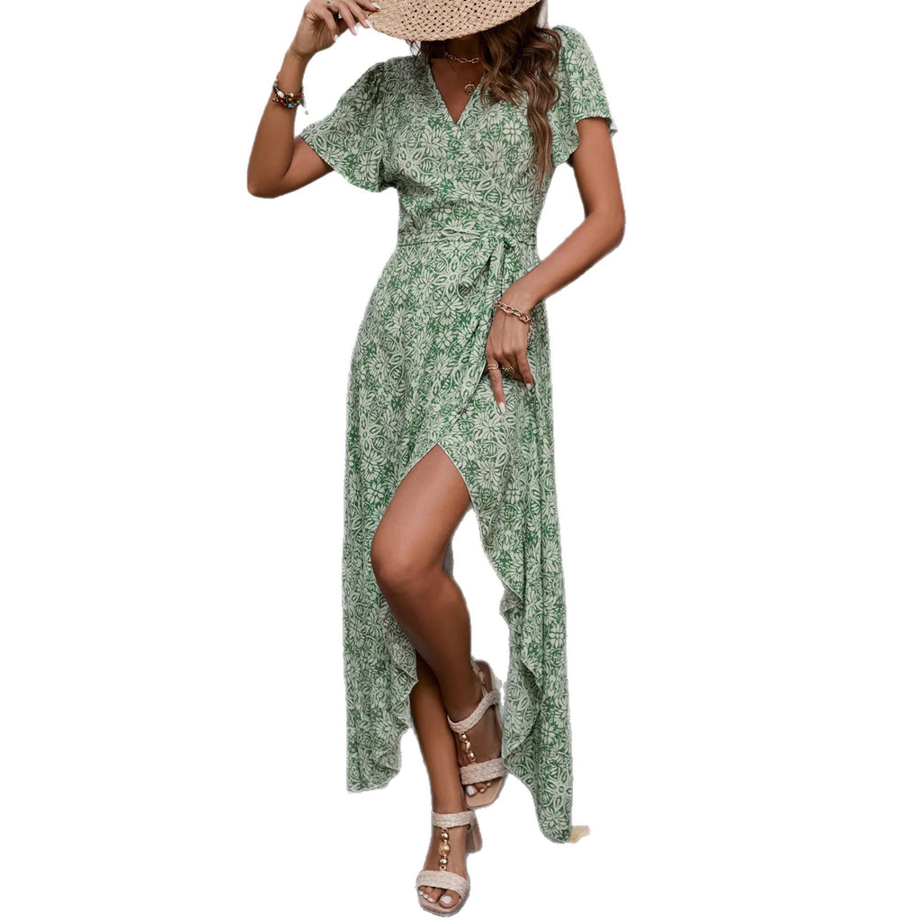 V-neck short sleeved irregular floral dress