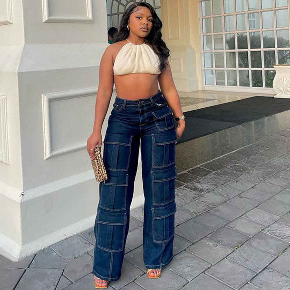 Women's Straight Leg Jeans High-Waisted Cargo Pants with Multiple Pockets and Topstitching Street Fashion Style