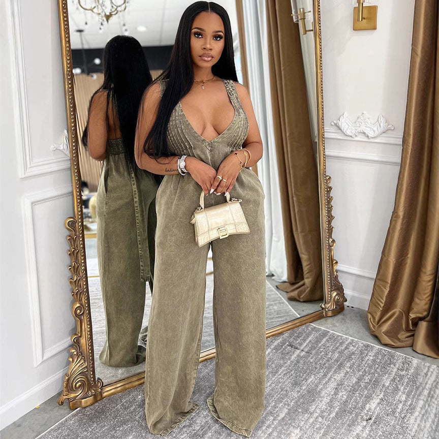Women's Denim Jumpsuit - Solid Color Backless Sleeveless Loose Overall Dress