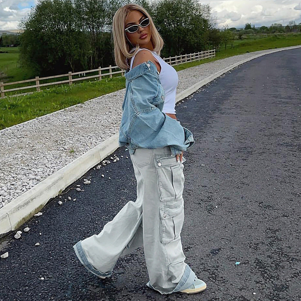 Straight-leg  women's jeans, vintage fashion multi-pocket floor-length cargo denim pants