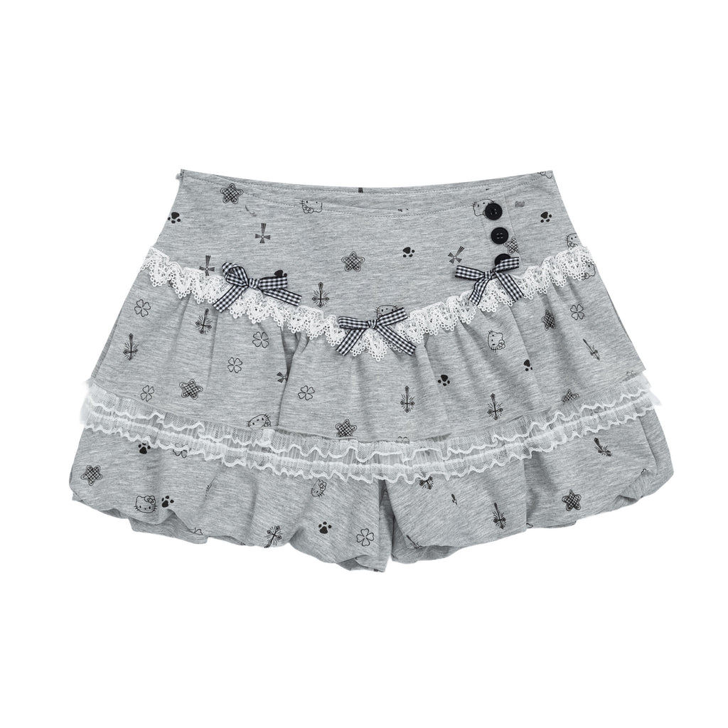 High Street Cartoon Print Lace Skirt Pants with Bow Decoration, Loose Slimming Sweet Girl Pants
