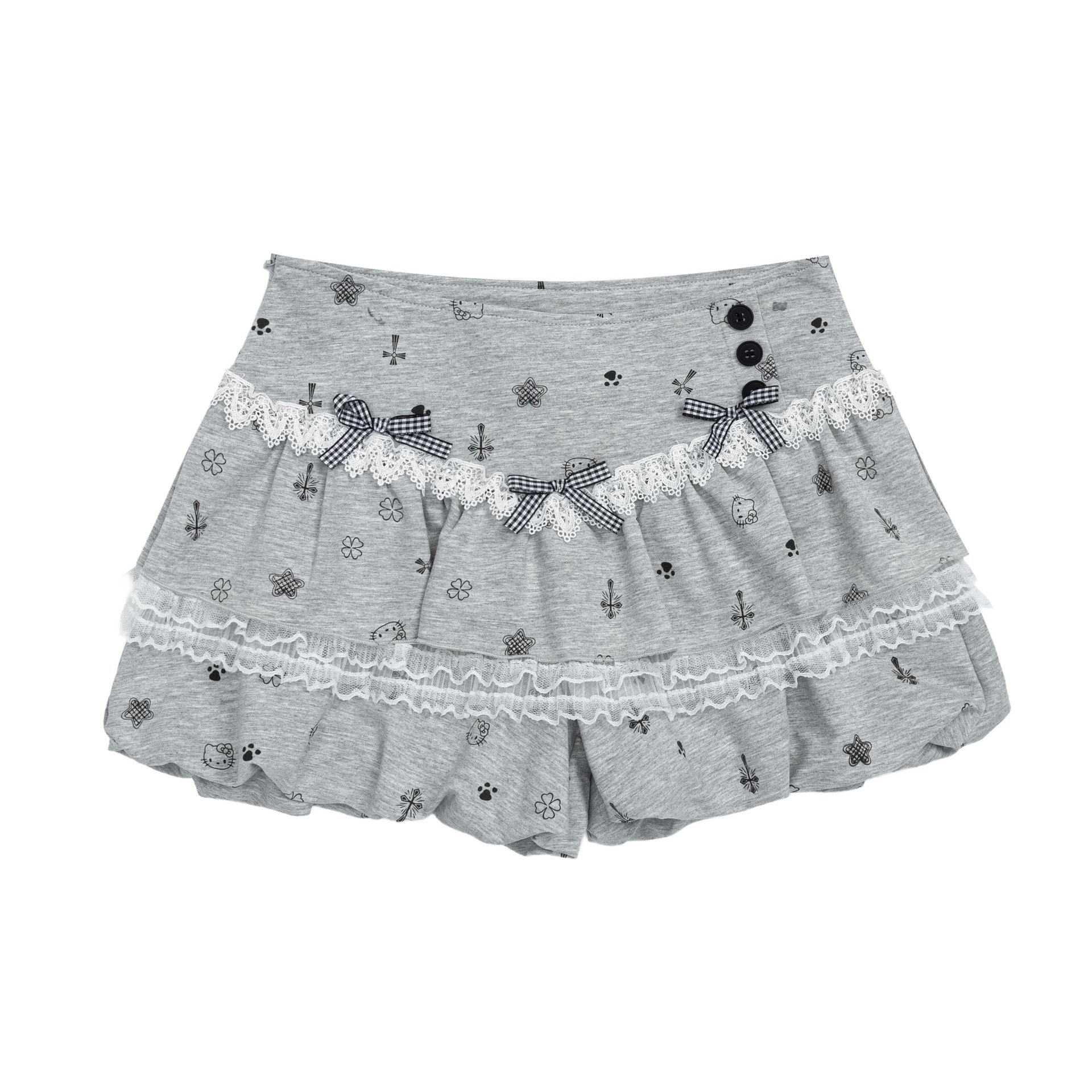 High Street Cartoon Print Lace Skirt Pants with Bow Decoration, Loose Slimming Sweet Girl Pants