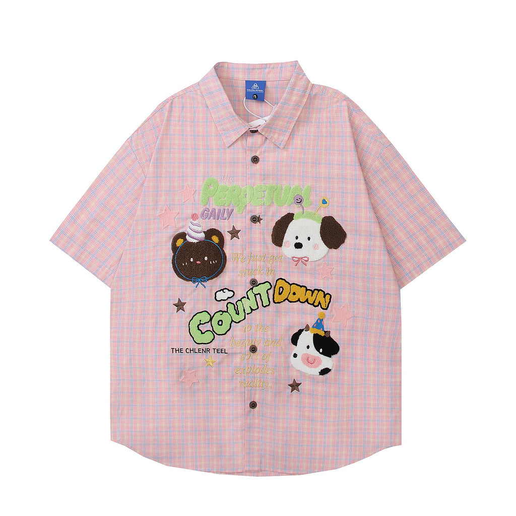Cartoon animal embroidery short sleeved shirt