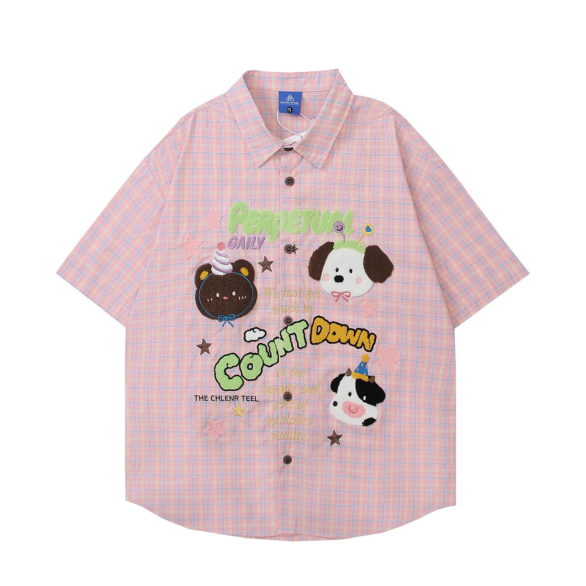 Cartoon animal embroidery short sleeved shirt