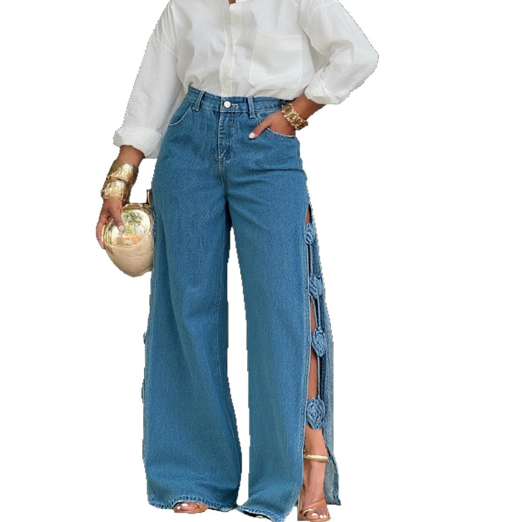 Hollowed-out Split Handmade 3D Flower Women's Jeans