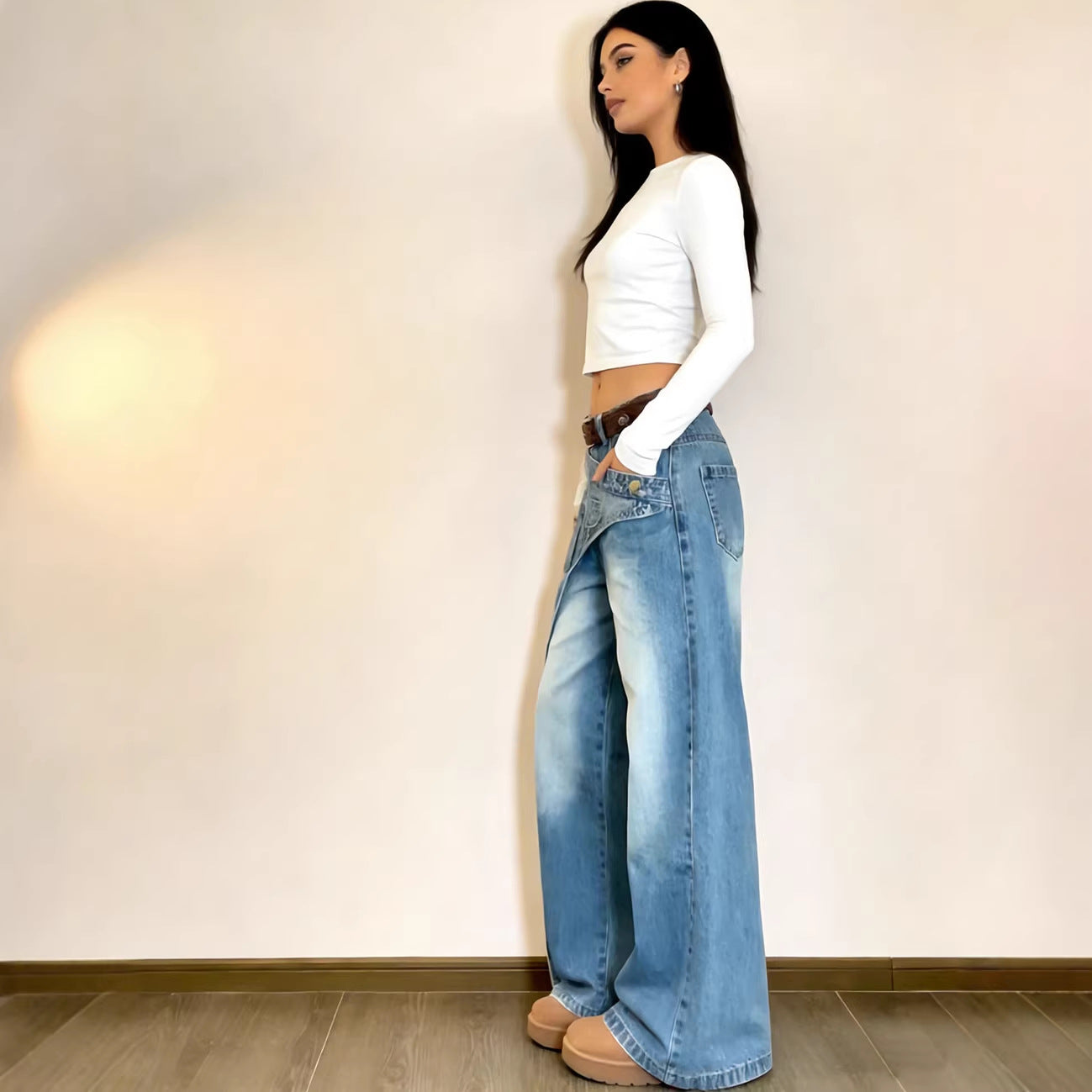 Casual Women's Denim Pants Fashion Washed Asymmetrical Design Straight Leg Jeans