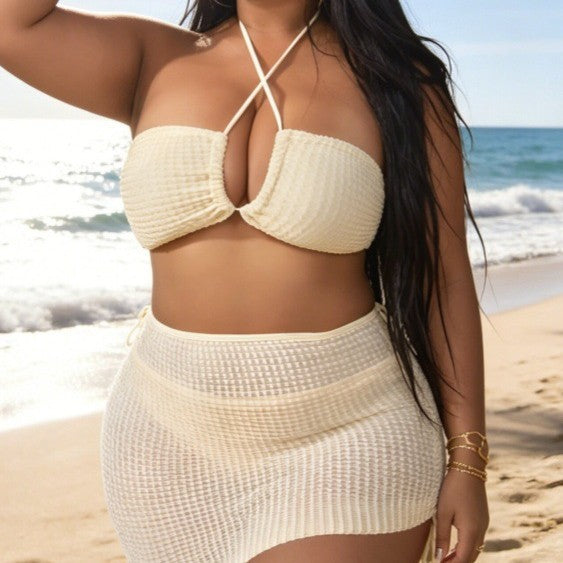 Cross neck sexy split bikini with cover skirt three piece set