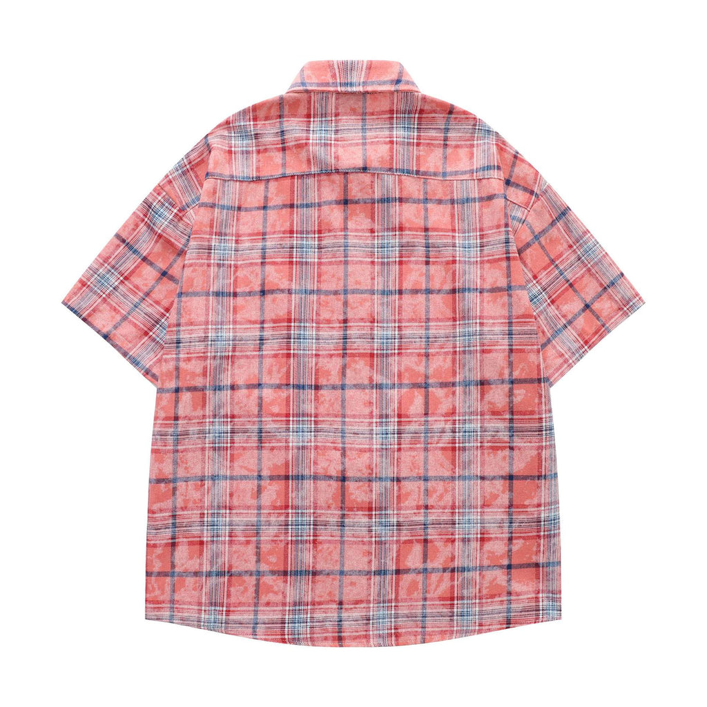 Red checkered apple embroidery short sleeved shirt
