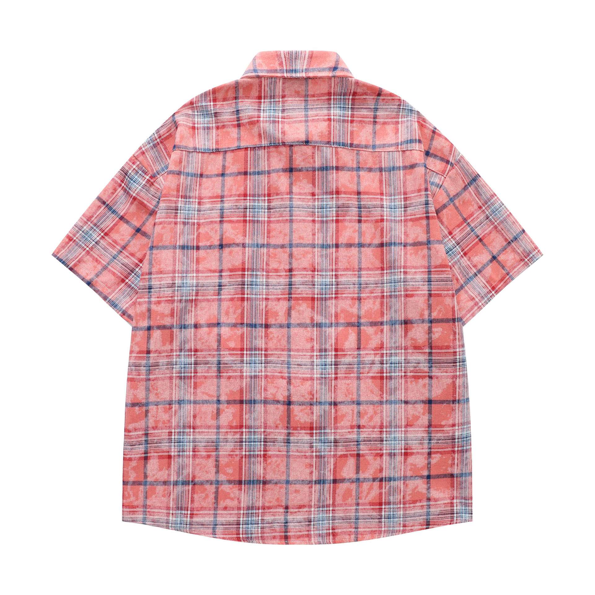 Red checkered apple embroidery short sleeved shirt