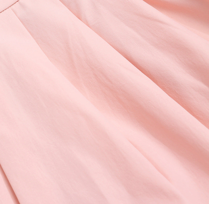 Pink High-Waisted Pleated Bubble Skirt Pants for Women, A-Line Flared Shorts with Gathered Design