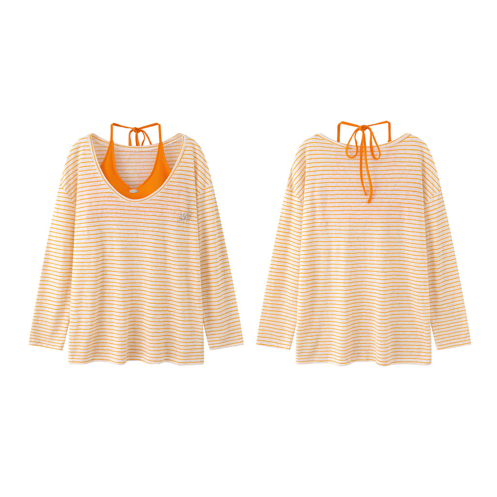 Starfish Print Two-Piece Strap Long Sleeve T-Shirt for Women, Color-Blocking Tie-Waist Slim Fit Cropped Top