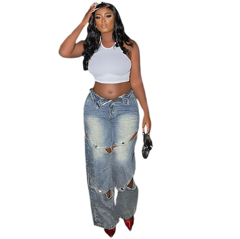 Women's Jeans Street Fashion Washed Button Closure High Waist Pants