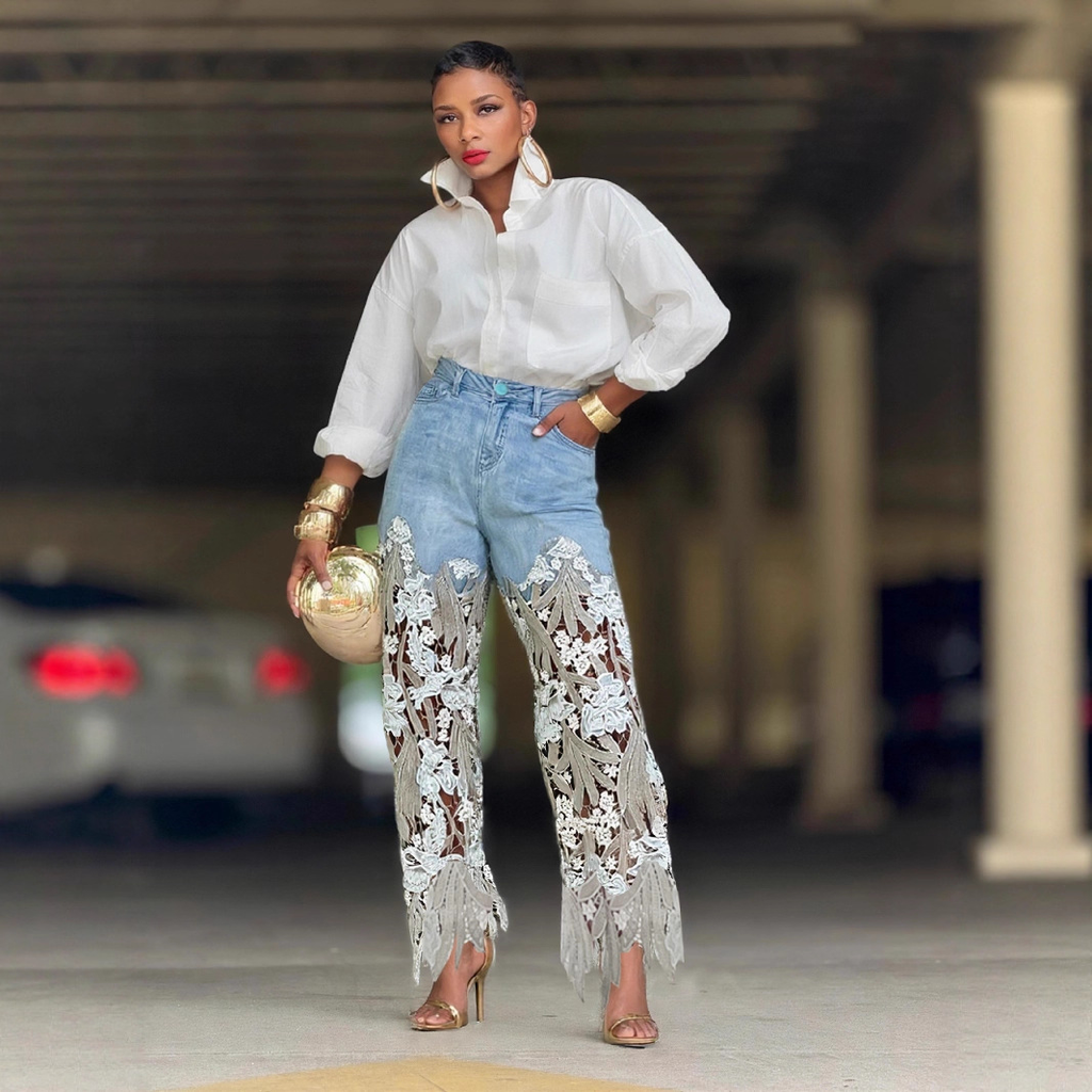 Hollow Out Patchwork Irregular Lace Straight Leg Jeans