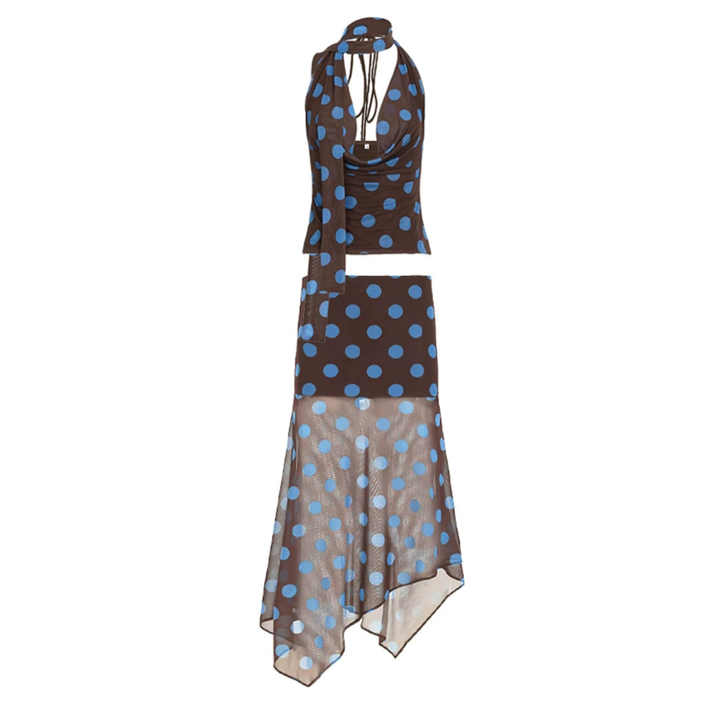 Polka dot retro halter top+polka dot irregular skirt set